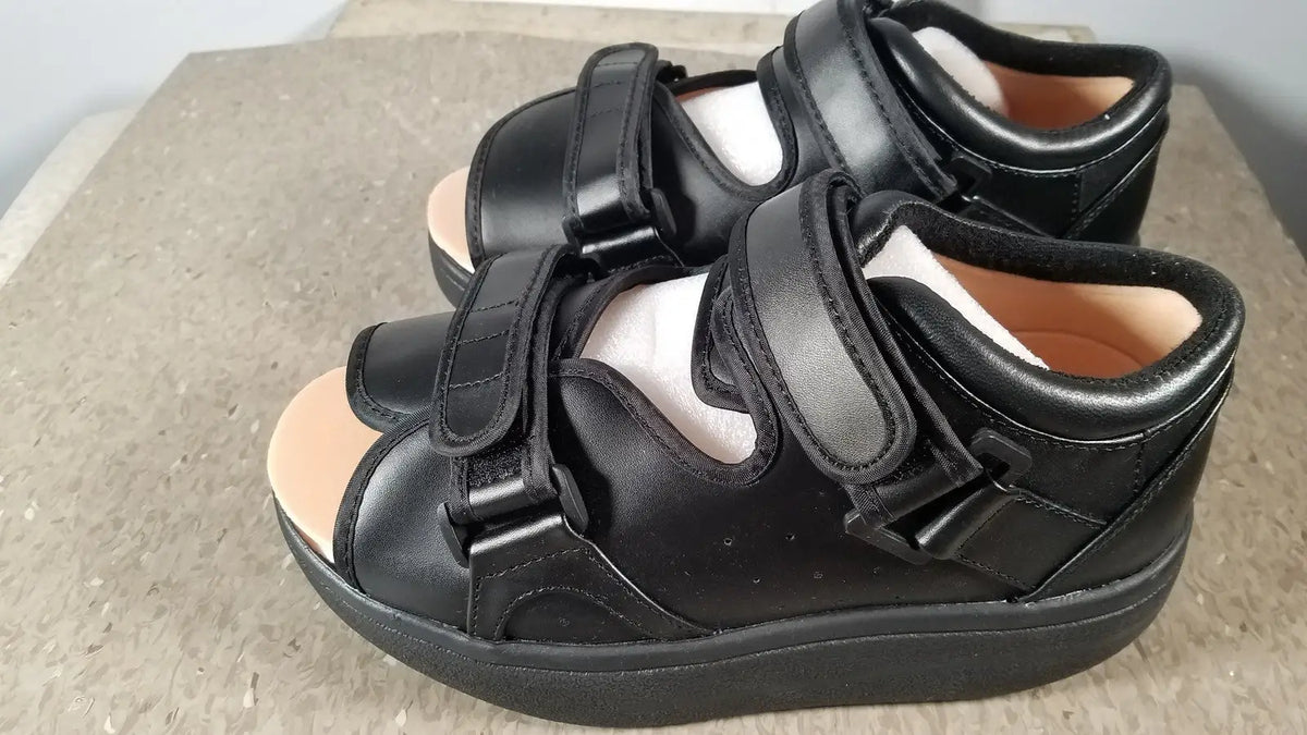 Black leather orthopedic wound care shoe wcs2b with adjustable velcro straps and thick supportive sole ref wcs2b medium