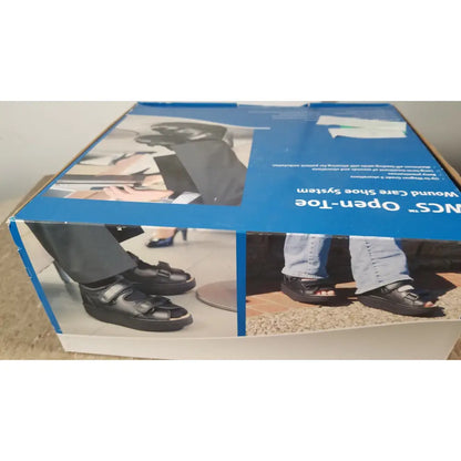 Black open-toe wound care shoe system box ref wcs2b featuring images of people wearing orthopedic sandals medium size