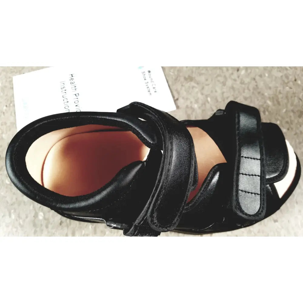 Black leather wound care shoe system small with adjustable velcro straps and padded insole for reuse medical use