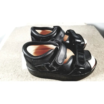 Black leather wound care shoe with adjustable velcro straps and thick supportive sole for small size care shoe system