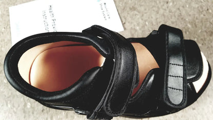 Black leather wound care shoe system small with adjustable velcro straps and padded insole for reuse medical use