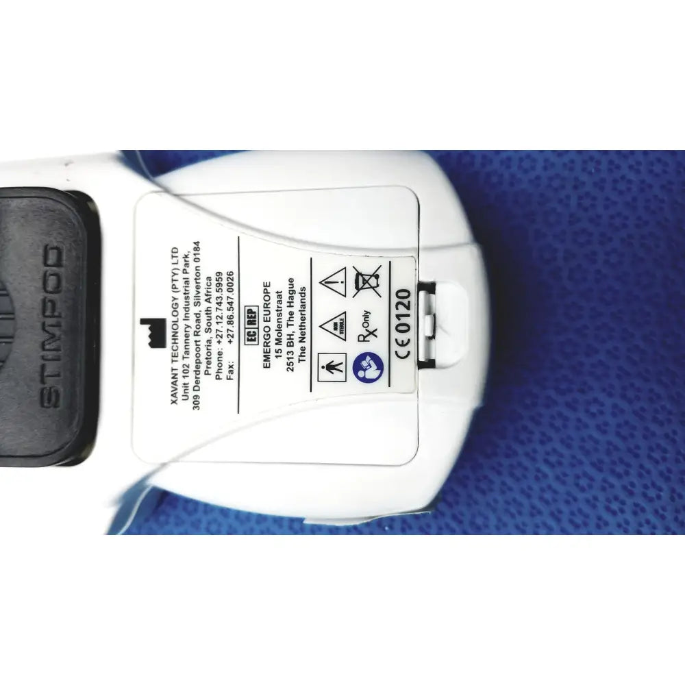 White plastic xavant technology stimpod nms 450 transmission monitor with black rubber grip and regulatory labels on back