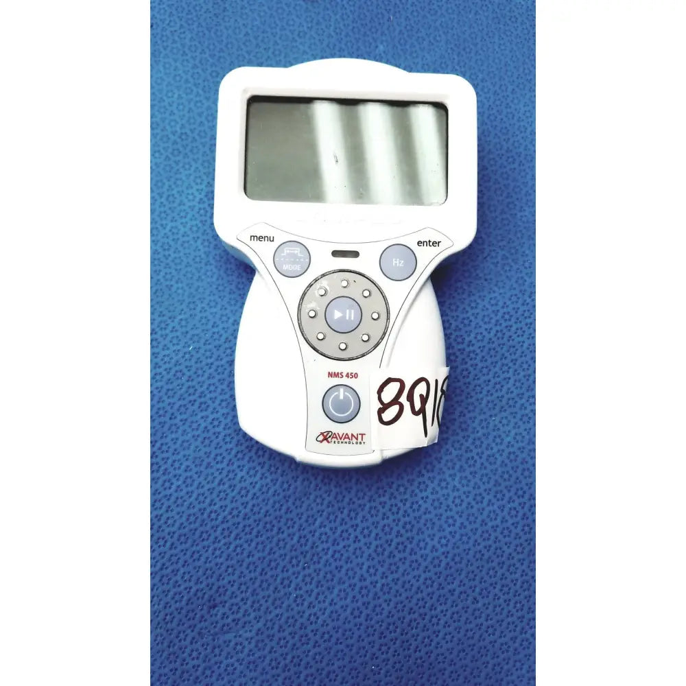 White plastic handheld xavant technology stimpod nms 450 transmission monitor with gray buttons and small screen