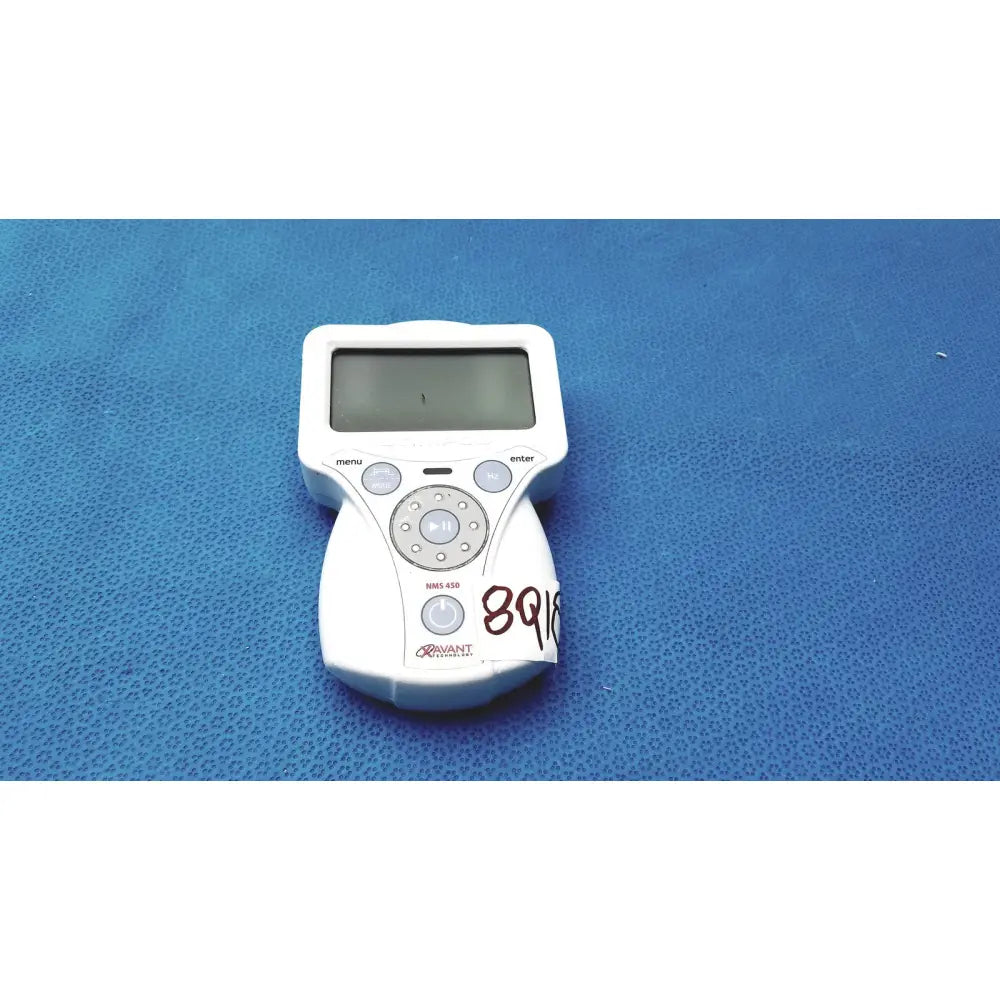White plastic handheld device with screen and circular button pad labeled rivant model nms 450 for xavant technology stimpod transmission monitoring