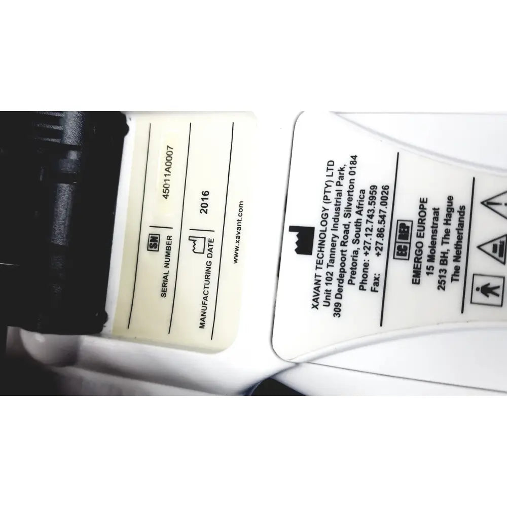 White plastic label with black text showing serial number 45011a0007 and 2016 date on xavant technology stimpod nms monitor