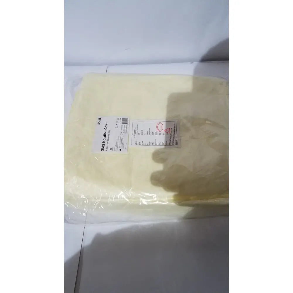 A pale yellow xiantao 55-xl sms isolation gown in size xl with 6mm thickness and elastic cuff for medical use