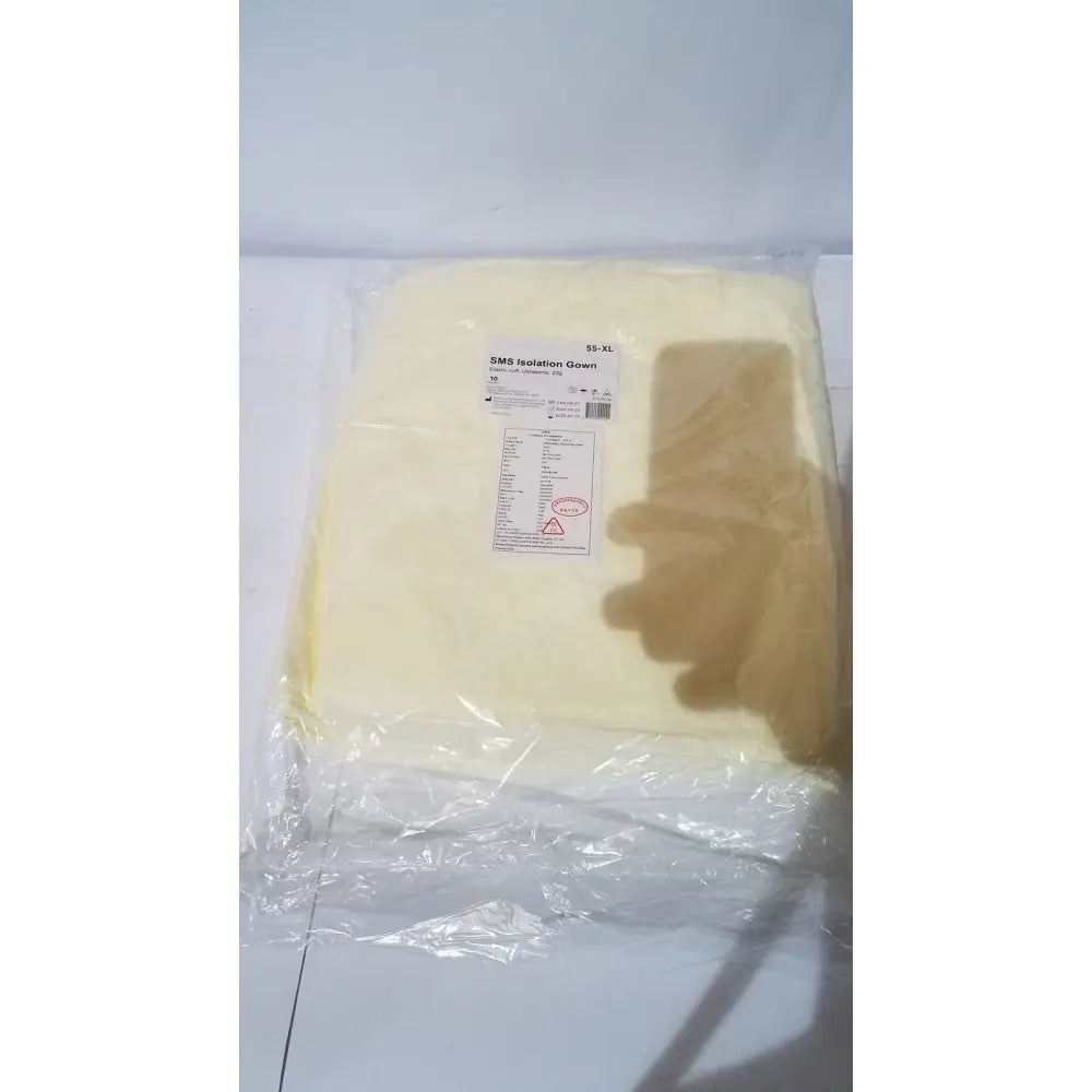 Pale yellow xiantao 55-xl sms isolation gown with elastic cuff ultrasonic sealed 23g packaged in clear plastic size s-xxl