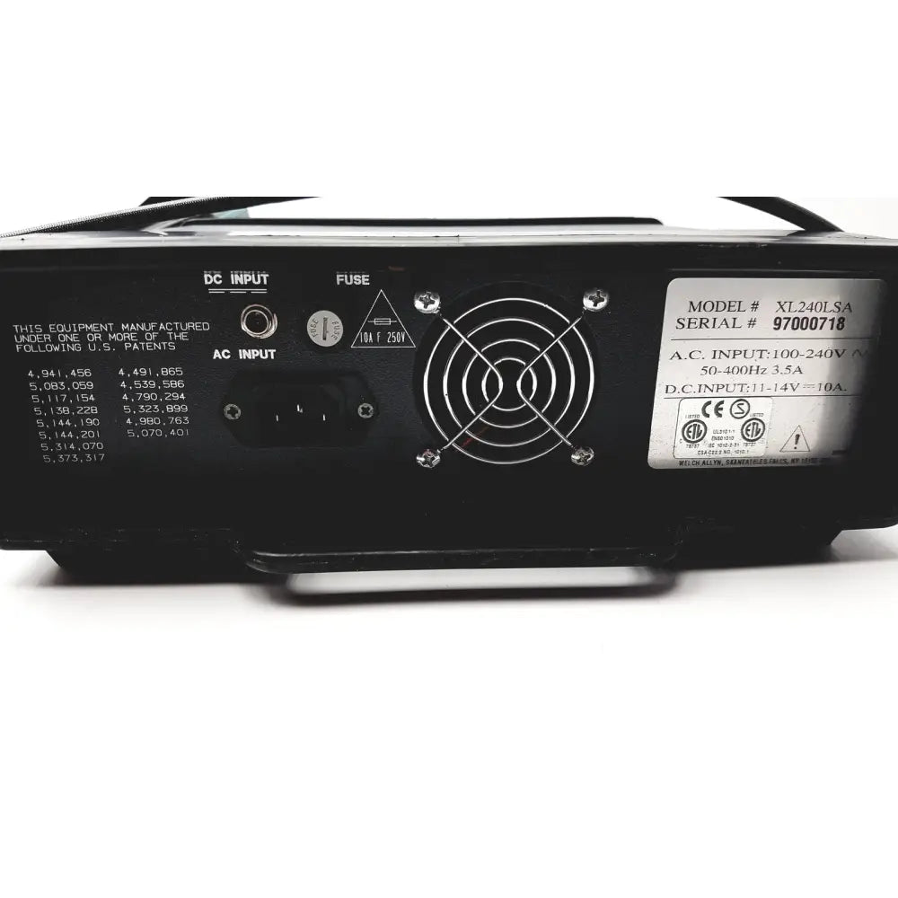 Black xl240lsa power supply unit back panel with circular fan grille and labeled input output specifications for xl240lsa video probe