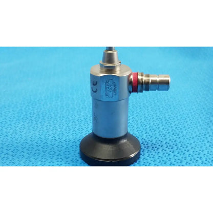 Silver metallic xomed sharpsite autoclavable endoscope with black base and red accent ring for reuse medical use