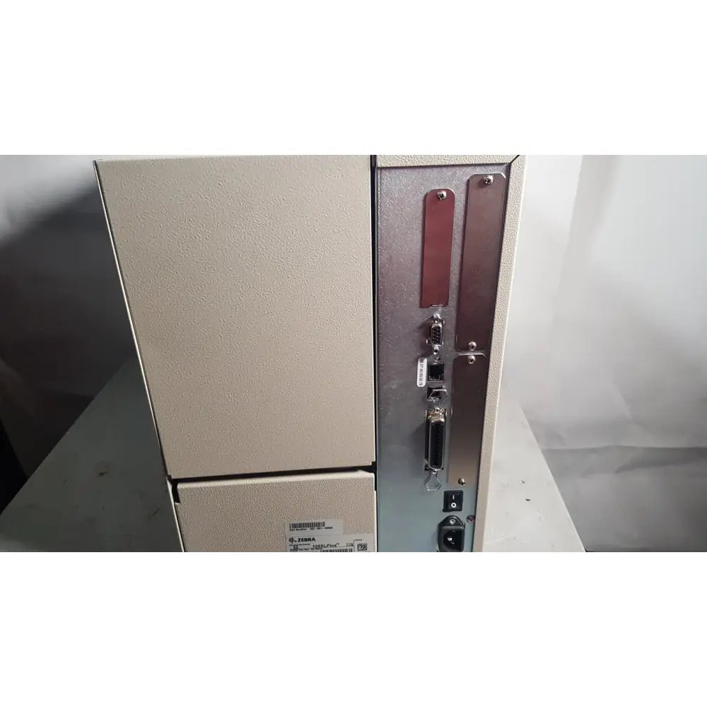 Beige textured industrial zebra 105sl plus usb ethernet thermal transfer label printer with vertical port panel back view