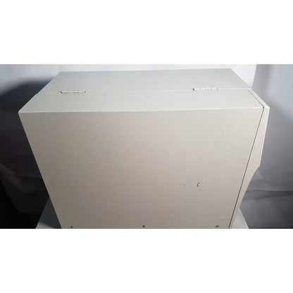 Beige textured metal box with hinged lid and visible hinges for zebra 105sl plus usb ethernet label printer