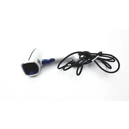 White and blue handheld hair dryer with coiled black power cord unrelated to zebra ds8108 standard range laser scanner