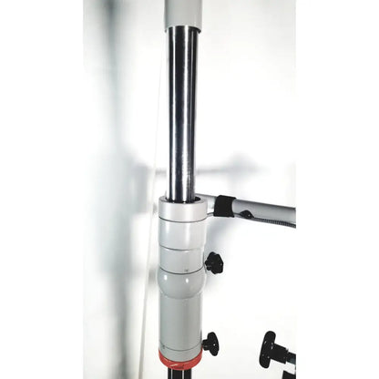 Silver and black adjustable tripod leg with red accent at base on zeiss opmi-1 prescotts mark ii floor stand