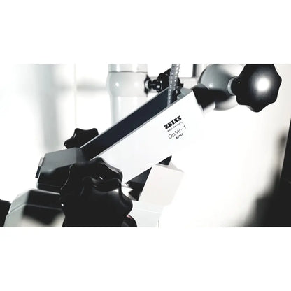 White and black zeiss opmi-1 prescotts mark ii optical microscope with matte metal components and floor stand