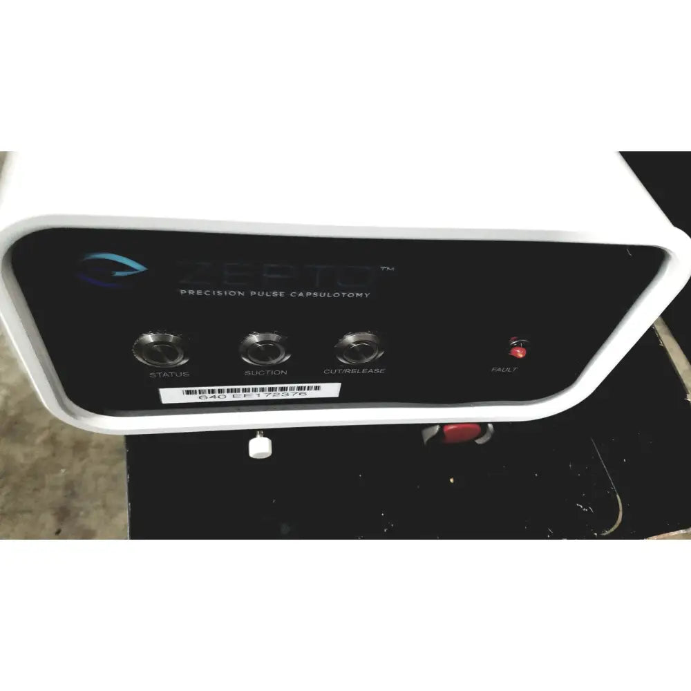White zepto precision pulse capsulotomy device with black control panel and red fault light for zepto power console use