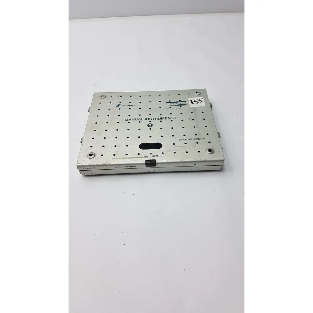 Silver metallic Zimmer 2800-95 fracture management manual instruments sterilization case with perforated surface by Stryker