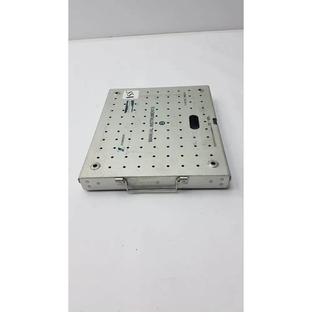 Silver metallic perforated Zimmer 2800-95 sterilization case for fracture management manual instruments