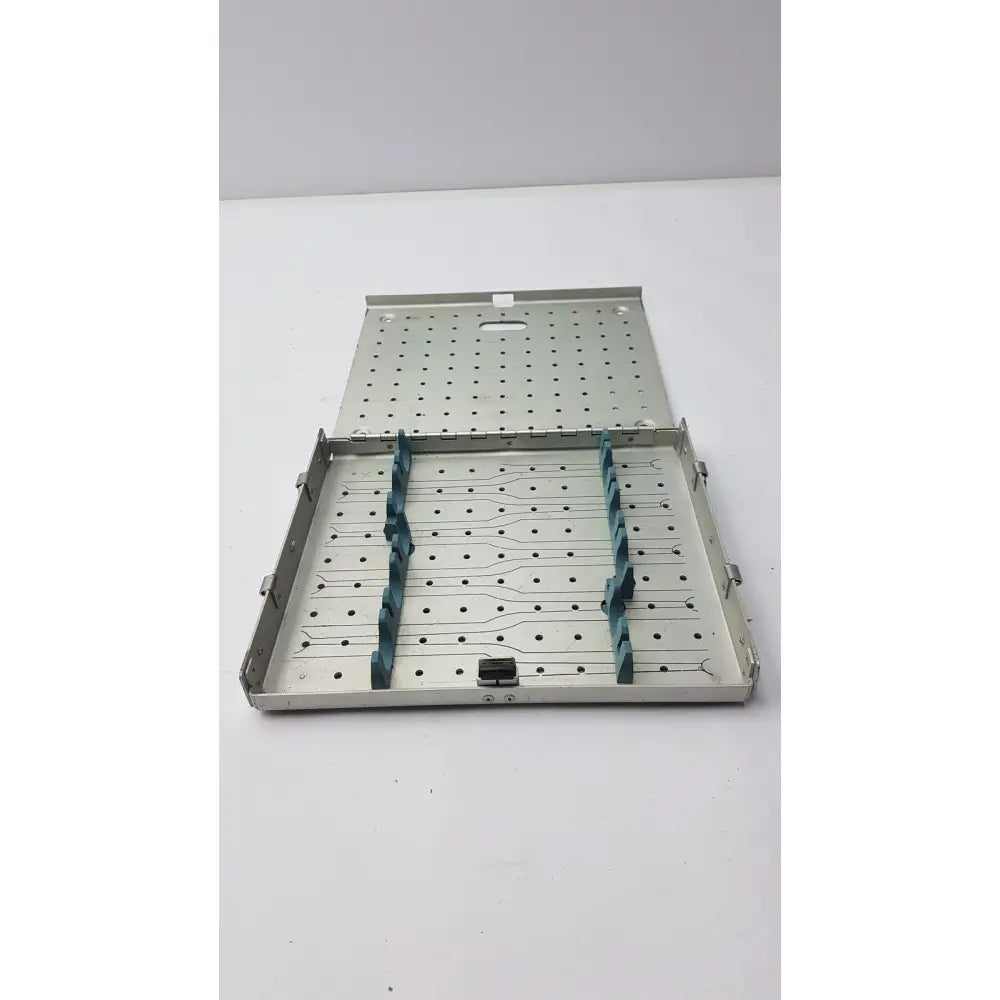Silver metal surgical instrument tray with teal dividers for zimmer 2800-95 fracture management manual instruments sterilization case