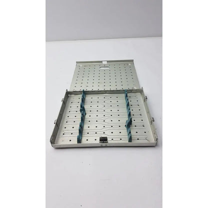 Silver metal surgical instrument tray with teal dividers for zimmer 2800-95 fracture management manual instruments sterilization case