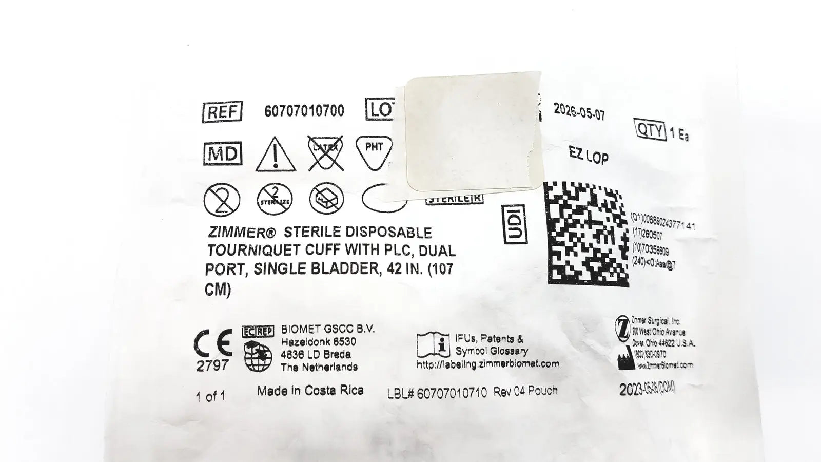 Zimmer Biomet Zimmer 60707010700 Disposable Tourniquet Cuff Single Bladder 42in Disposable Tourniquet Cuff, second-hand product photo 4