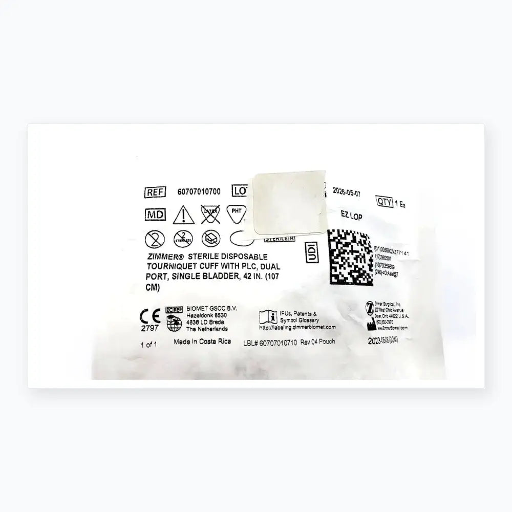 Zimmer Biomet Zimmer 60707010700 Disposable Tourniquet Cuff Single Bladder 42in Disposable Tourniquet Cuff, new product photo 4