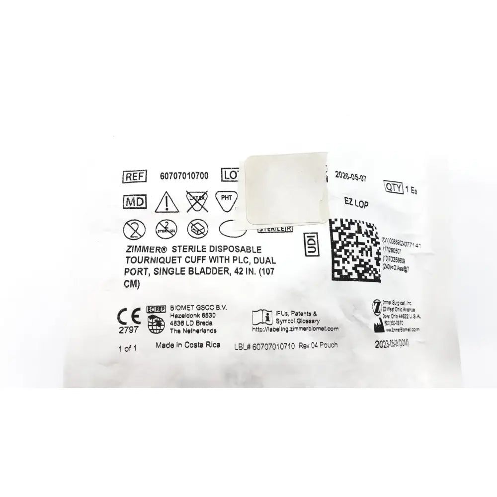 Zimmer Biomet Zimmer 60707010700 Disposable Tourniquet Cuff Single Bladder 42in Disposable Tourniquet Cuff, new product photo 4