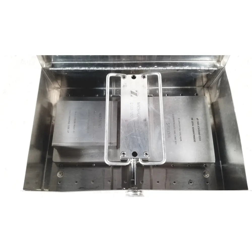 Silver metallic z meshop 100 model metal plate with engraved text and mounting holes for zimmer meshgraft dermatome use