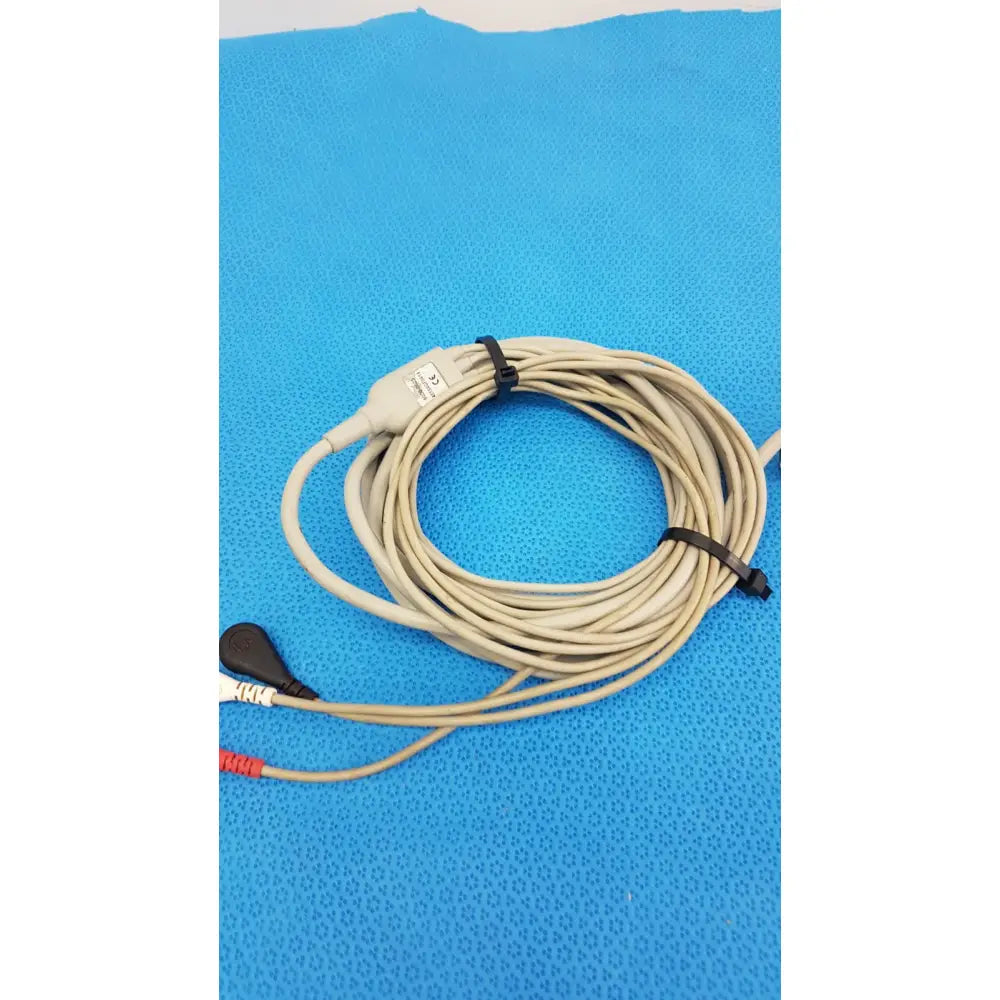 Beige ZOLL 3-lead ECG EKG patient monitoring cable with black zip ties and colored connectors lot of 2