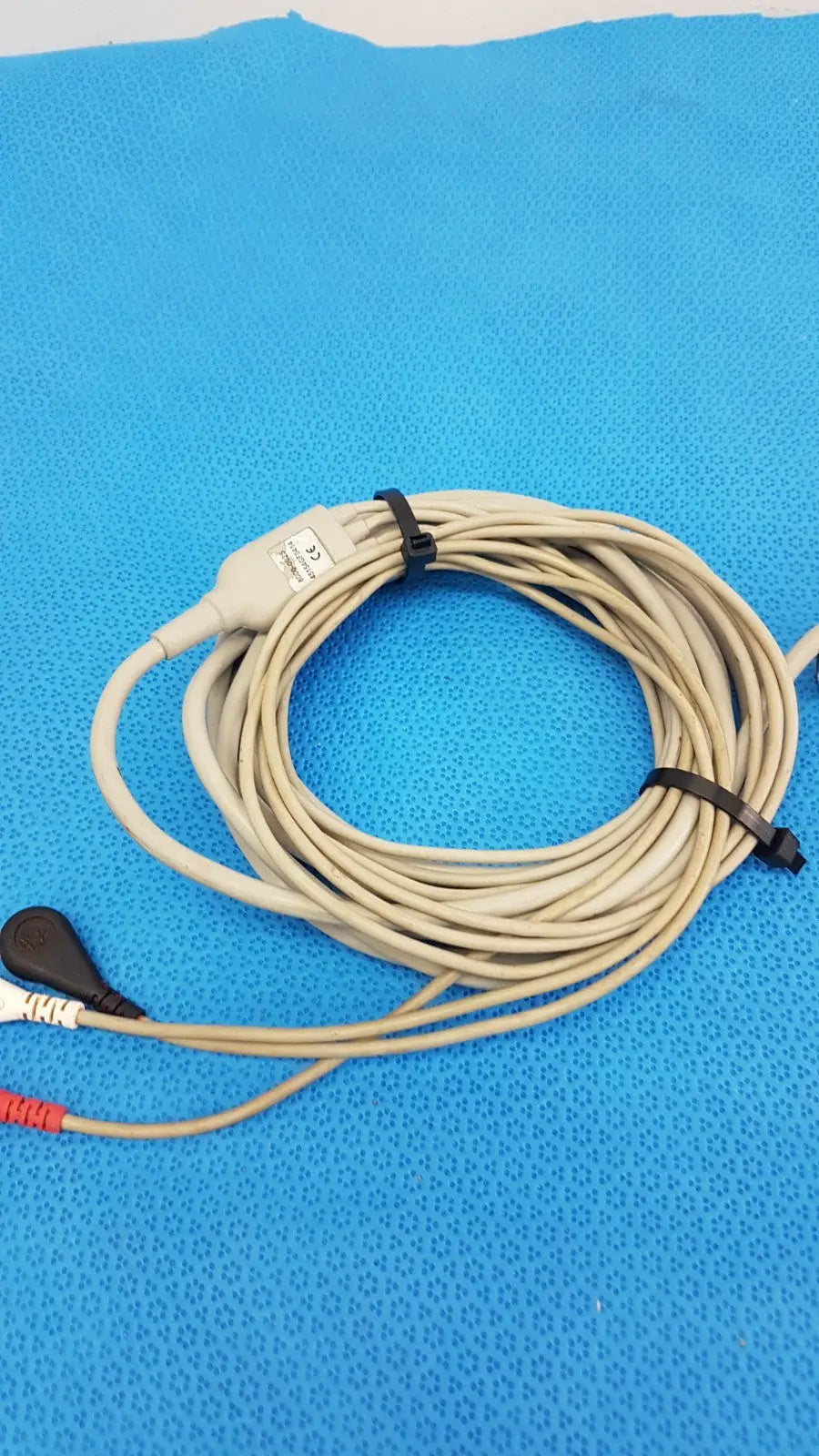 Beige ZOLL 3-lead ECG EKG patient monitoring cable with black zip ties and colored connectors lot of 2