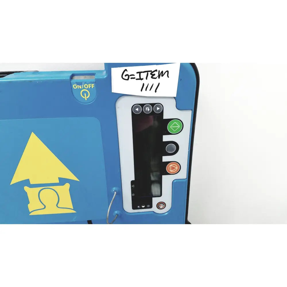 Blue zoll autopulse resuscitation system with control panel featuring green orange and black buttons and rolling stand