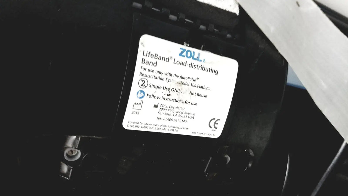 White label with black text and blue zoll logo on lifeband load-distributing band for zoll autopulse resuscitation system