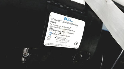 White label with black text and blue zoll logo on lifeband load-distributing band for zoll autopulse resuscitation system