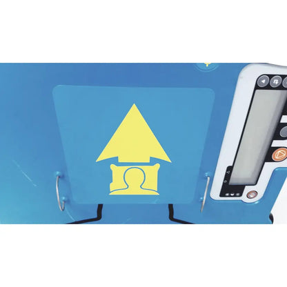 A bright yellow upward arrow with a human silhouette on a translucent blue panel in the zoll autopulse resuscitation system