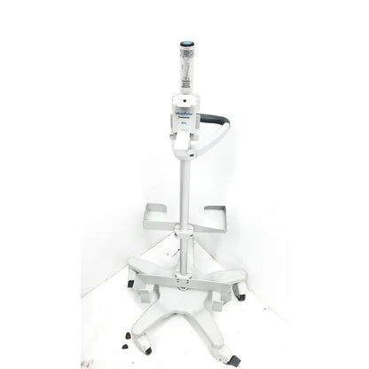 White medical pulse oximeter monitor on wheeled stand for zoll autopulse resuscitation system with lifeband and rolling stand