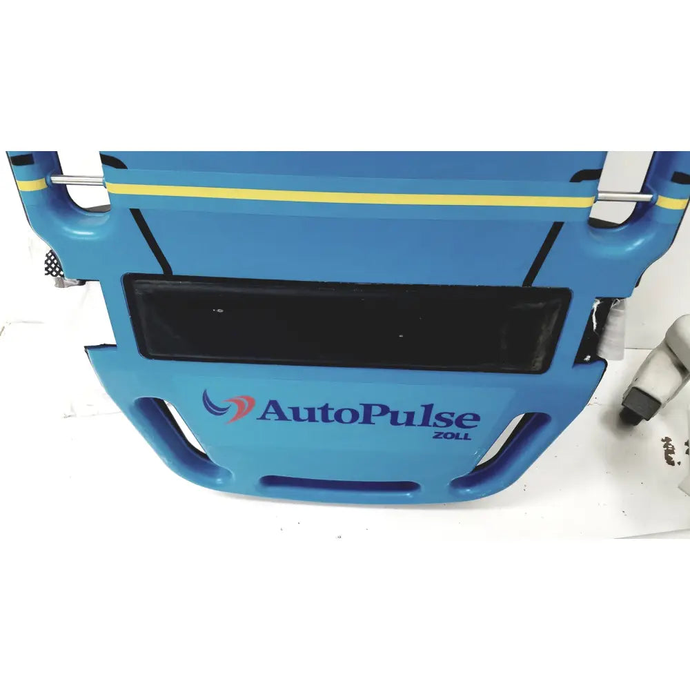 Blue plastic zoll autopulse resuscitation system with lifeband and rolling stand featuring yellow and black accents
