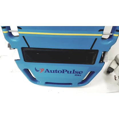 Blue plastic zoll autopulse resuscitation system with lifeband and rolling stand featuring yellow and black accents