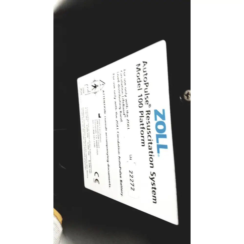 White rectangular label on the zoll autopulse resuscitation system model 100 platform for autopulse resuscitation use