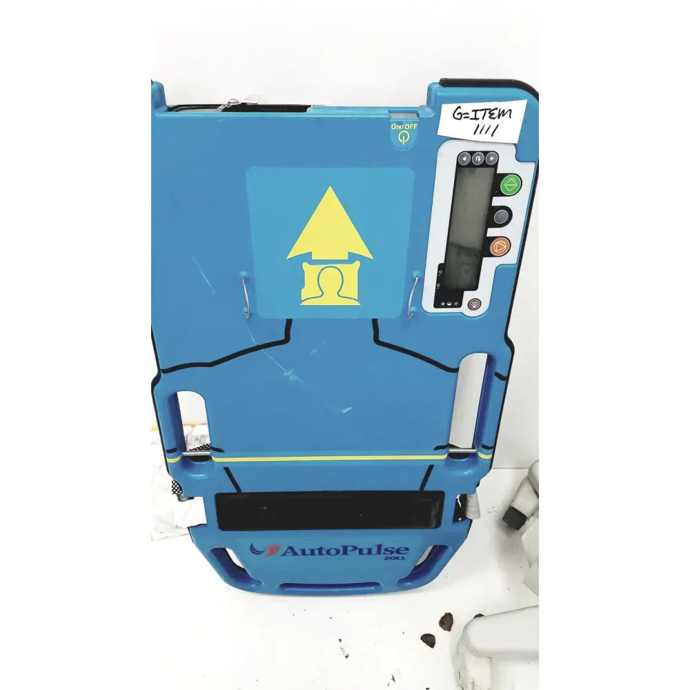 Blue zoll autopulse resuscitation system with yellow arrow symbol and control panel for automated cardiac support