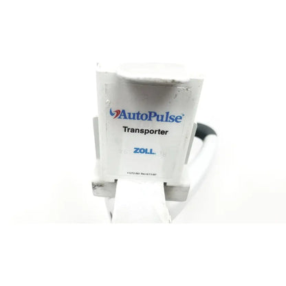 White plastic zoll autopulse resuscitation system with blue and black branding and rolling stand for emergency use
