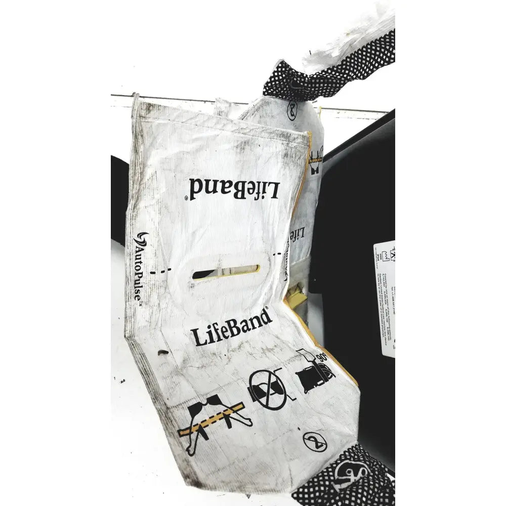 Worn white lifeband safety harness bag with black branding and icons for zoll autopulse resuscitation system