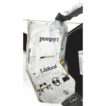 Worn white lifeband safety harness bag with black branding and icons for zoll autopulse resuscitation system