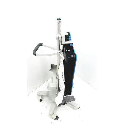 Black and blue zoll autopulse resuscitation system with lifeband on rolling stand featuring white handlebars and casters