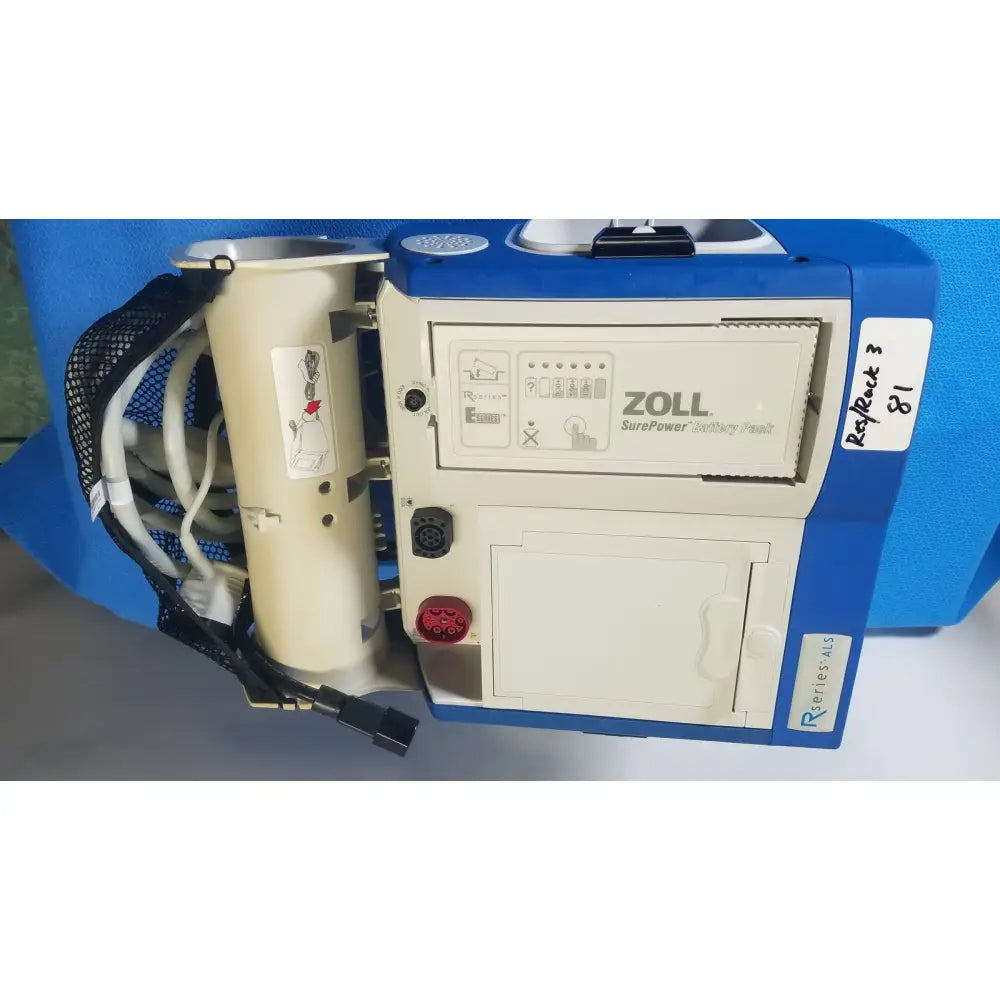 Blue and white zoll r series als patient monitor with surepower battery pack and beige carrying bag